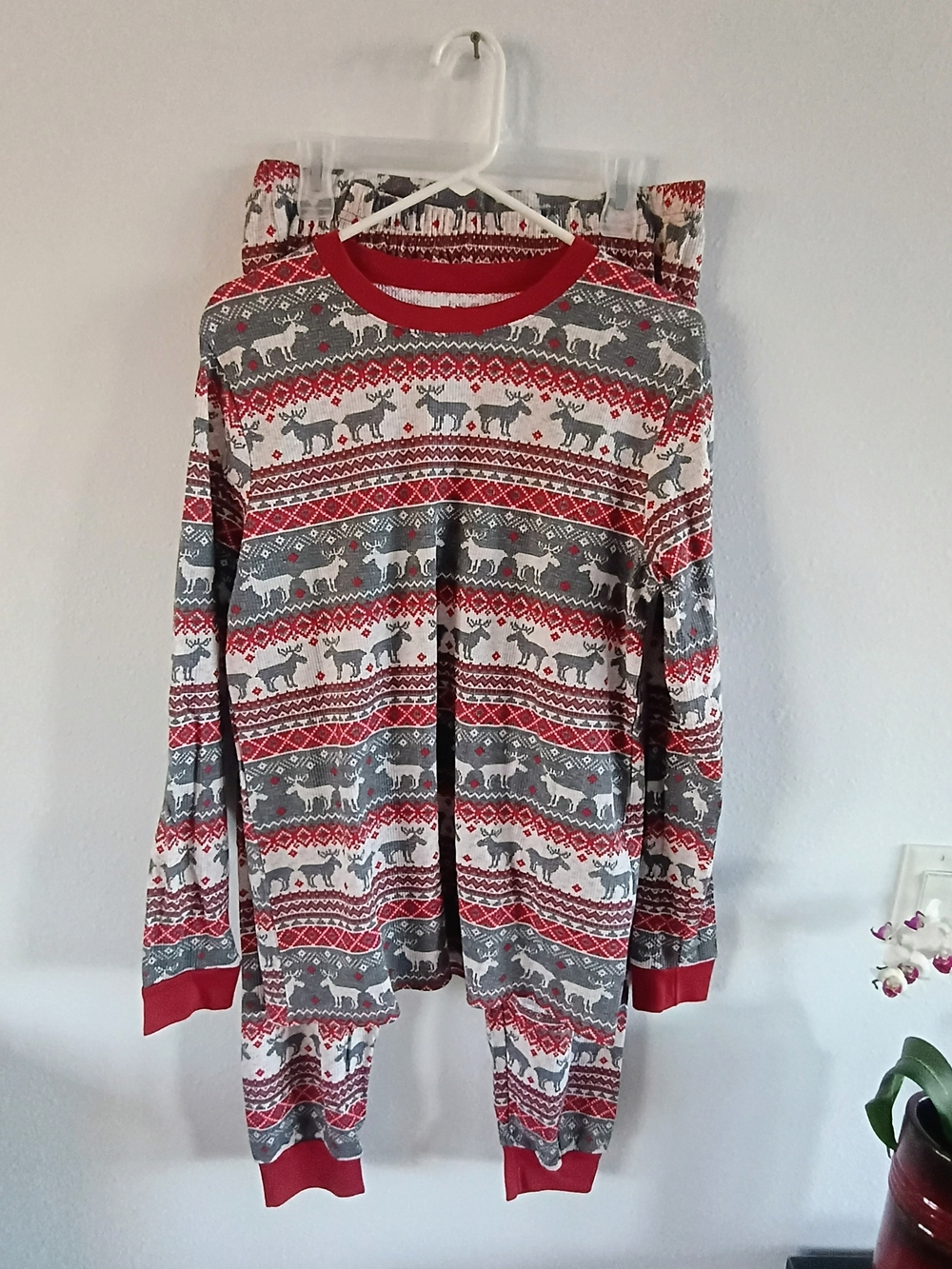 PJ Place Medium Christmas Pajama Set Reindeer Thermal Waffle Knit 2 Piece